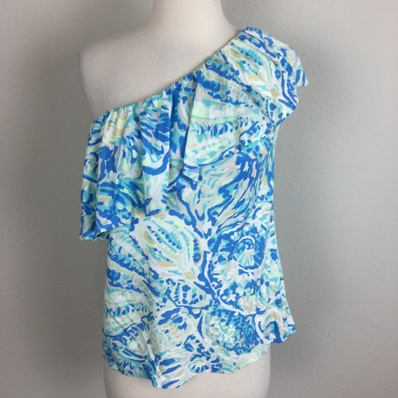 Lilly Pulitzer Blue Abstract Print One Shoulder Top Small - Picture 1 of 6